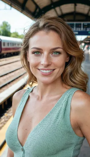 The woman in the photo is a professional-looking, high-resolution, hyperrealistic 35mm photo taken at an office building platform with a vintage look and high resolution. Her hair is loose and medium-length, with a vintage look. Her