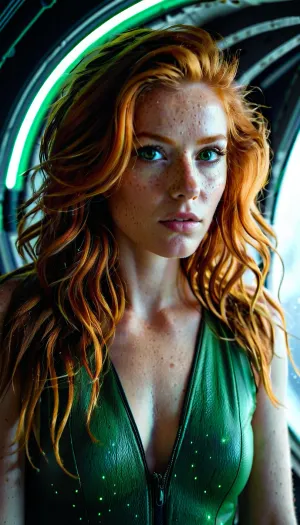 照片中的女人有长长的姜色头发,杂乱的发型,还有深绿色的眼睛. 她当时身着高规格的近身画像,带有网络朋克风格. 她的雀斑在她的脸上可见 她有一个