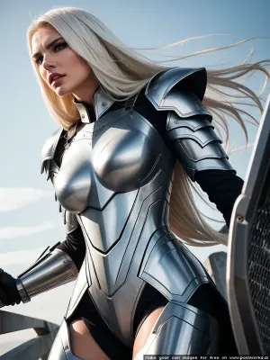 La femme se tenait devant le miroir, admirant son armure en métal blanc. Elle avait une position confiante et était prête à relever n'importe quel défi. Ses lèvres étaient pleines et rouges, et ses cheveux blonds lui ont fait tomber le dos en vagues. Elle