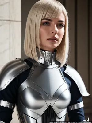 La femme se tenait devant le miroir, admirant son armure en métal blanc. Elle avait une position confiante et une coupe de cheveux droite qui a parfaitement encadré son visage. Ses lèvres étaient pleines et rouges, avec un bobcut blanc droit qui ressemblait à