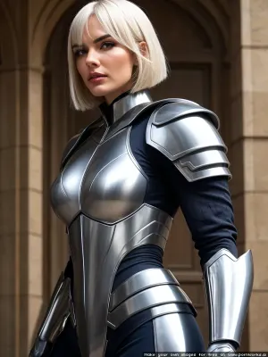 La femme se tenait devant le miroir, ses muscles étaient tendus alors qu'elle pensait à la bataille à venir. Son armure dorée scintille dans la lumière, et ses cheveux blancs bobcuts sont ramenés dans un pain serré. Elle a fléchi ses doigts