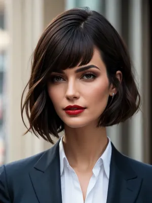 La femme avec le bobcut, visage sérieux, et rouge à lèvres écarlate est entrée dans la pièce avec un costume d'affaires formel. Elle portait une mallette et regardait avec détermination