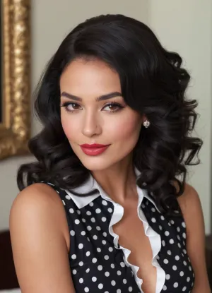 Un'immagine vintage cattura la bellezza seducente di una donna latina con labbra piene, occhi stretti, vita sottile, figura in clessidra e fianchi sexy. La sua camicia bianca a bottoni rivela le sue spalle sottili e gli zigomi mentre la sua ru
