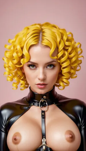 옐로우 컬리 헤어 스타일이있는 하이퍼 리얼리티 스타일 여성, 미니멀리스트 패션 사진 착용, 그녀의 피부의 질감과 그녀의 몸 예술의 세부 사항을 보여주는 하이퍼 현실적인 스타일로 캡처되었습니다