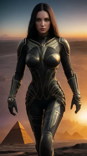 (photorealism:1.5), highly detailed image in raw color with high detail, diffused soft lighting, clear focus, hyperrealism, (ultra-high resolution:1.2), 8k, UHD, high quality, realistic photography, (masterpiece:1.5), very complex, perfect shadows, (masterpiece:1.2), (realistic photography:1.2), (perfect lighting:1.2), (super realistic detail:1.2), (8k resolution:1.2), (high resolution:1.2), (high definition:1.2), (super detail:1.2), (professional photography:1.2), (realistic shadow:1.2), (official graphics:1.2), (depth of view:1.2), (super-detail:1.2), (detail:1.2), (High resolution:1.2), hourglass figure, ((young natural breasts)), waist, athletic hips, athletic ass, visible nipples, beautiful woman in cyborg armor, intricately patterned steel armor, topless, geometric patterned clothing, perfectly crafted face, detailed symmetrical round iris, fabrics and textiles, medium symmetry, neoprene, unsplash portrait, stylized digital art, smooth, ultra-high resolution, unreal engine 5, ultra-precise focus, a masterpiece of complex artistic work, sinister, epic, by Beksinski, highly detailed, vivid, cosmic fractal galaxy, black background, bright stars and clusters, radiance, glitter and play of light, highly detailed image, saturated colors, ultrarealism, Panoramic shot, you can see everything, the pyramids are partially flooded, a beautiful and creepy world in which you want to stay, calling to yourself every night, An ancient alien world, scattered stars, nebulae and galaxies are visible in the sky, huge black pyramids towering over the landscape, black sand, the sea next to the pyramids, photography in full height, the whole body is visible, (pyramids of black obsidian:1.1), rays of light, light graphics, sacred geometry, surreal futurism, breathtaking full-length view, fine details, perfect lighting, (best shadow), A cinematic composition with bright colors and exquisite details, realistic lighting using a special light source that conveys the atmosphere. atmosphere. the intrigue and beauty of the night world, eerie and otherworldly mood, a sense of hidden mystery and danger in the shadows, 8K, the best quality, ultra-high definition, (UHD), hyperrealism and high dynamic range, (HDR), realistic lighting, unforgettable, impressive, breathtaking beauty, super-detail, the est details, high resolution, epic mysterious scene, super detail, the mood is creepy and otherworldly, with a sense of mystery and danger, A photograph of a dark and disturbing scenario influenced by the works of H.R. Giger and H.F. Lovecraft is a disturbing work of art, the landscape is dotted with black rocks, grotesque fantasies of H.R. Giger.