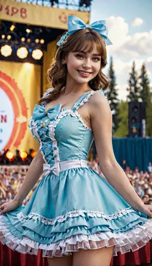 The Russian girl with the beautiful idol dress and bow on her head was posing for a professional photographer on a stage in front of an audience. The cinematic photo captured the beauty of the dress and her smile, while the high-resolution 8k image