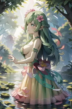 fantasy style 8k, solo beautiful, nude, (((natural breast))), (dryad), woman, plant girl, leaves, flowers, from side, (lotus flower), (pink dress), submerged, (Masterpiece:1.2), high quality, (pixiv:1.4), Volumetric Lighting, backlight, night, slg, grass, path, river, waterfall, forest, (nr, piercing, nipple, rings:1.1), <lora:dryad-1.0:.8>, <lora:Volumetric Lighting-000018:.5>, <lora:rubyV3:.5>, <lora:ghibli_style_offset:.5>, <lora:slg_v30:.5>, <lora:Nipple_Rings_Leti:.5>