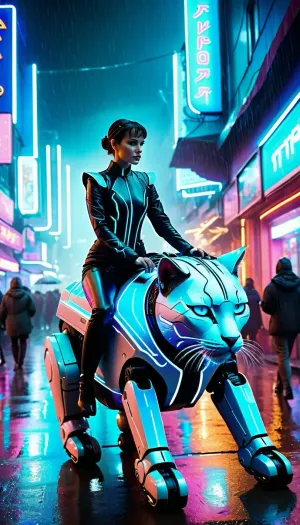 Eine Frau in einem futuristischen Neonregenmantel ritt eine große Roboterkatze durch die überfüllten Straßen von Blade Runner, dodging Fußgänger und dodging Hindernisse. Die glühenden Augen der KI-Katine scannten die Menge nach potenziellen Bedrohungen, ihre mechanische Purr