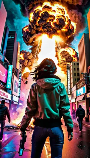 Женщина стоит в трепете, когда она смотрит на существо, похожее на Годзиллу, которое только что разрушило улицы. Камера наклоняется вверх, чтобы запечатлеть полный взгляд на это невероятное зрелище, демонстрируя мощь и разрушение массивного существа. The