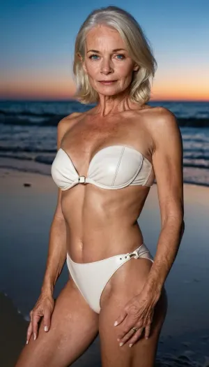 Uma bela senhora idosa gosta de uma noite tranquila na praia, suas rugas perfeitamente colocadas e sua maquiagem impecável. Ela tem uma figura magra com mamas perfeitas e maquiagem madura que a fazem parecer que ela está em seu primo