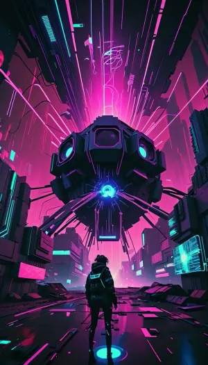 Гигантский лазерный спайдер уничтожает улицы неонового киберпанка в стиле нео-Токио-Трон, без женщины в кадре. Камера наклоняется вверх, глядя вниз, и нет женщины в кадре