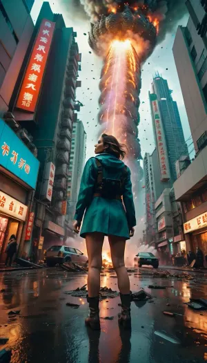 В киберпанке Neo-Tokyo женщина стоит под дождем, глядя вверх на разрушения, вызванные Годзиллой. Камера на ее фотографии на первом уровне захватывает обломки и свет от взрывов в небе. Освещение темное