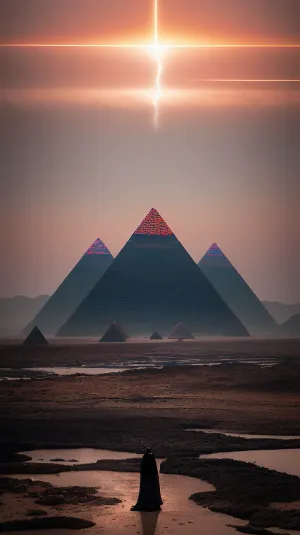 woman, Huge black pyramids carved from coal-black stone towered over a dead plain of black stone. The pyramids have been standing here for millions of years, and time itself has respectfully avoided them. The dead plain of blackstone was like a mother's embrace to me, every night they called me to them. Looking at them, I felt a vague nostalgia, as if this is the same dream that you see in the morning, but you can't remember, this world was my home, in the darkness of its sand and the light of a myriad of galaxies, I felt at home, like a wanderer who has been searching for his place for many years and finally found it. I wanted to plunge into the coolness of the river water of this world and hear the echoing echoes of the stars and time-spaced testimonies. This world has always been here, and it was more real than everything that surrounded me now.

A panoramic shot that allows you to see everything. Pyramids in the ancient alien world are partially flooded, scattered stars, nebulae and galaxies are visible in the sky. Huge black pyramids rise above the landscape, surrounded by black sand and the sea next to the pyramids. A full-length photo showing the entire body, including pyramids of black obsidian and rays of light creating an amazing light show. Sacred geometry and surreal futurism create a breathtaking full-length view with the est details.Perfect lighting with the best shadows. A cinematic composition with bright colors and exquisite details, realistic lighting using a special light source that conveys the atmosphere of intrigue and beauty of the night world. A creepy and otherworldly mood with a sense of hidden mystery and danger in the semi-darkness. 8K and UHD quality, the highest possible, ultra-high definition and hyperrealism. The wide dynamic range provides realistic lighting, creating an unforgettable, impressive and stunningly beautiful scene with high detail and fine detail in high resolution. A creepy and otherworldly mood, with a sense of mystery and danger that will make you want more.