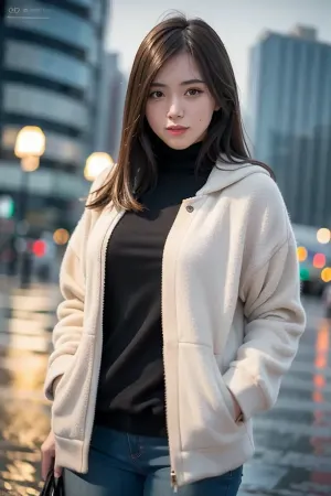 Nel paesaggio urbano, una giovane ragazza adulta camminava sotto la pioggia. Era alta e bella con i suoi lunghi capelli che scorrevano nel vento. Improvvisamente, un uomo alto apparve dietro di lei con la sua attrezzatura di illuminazione professionale. Ha usato la mappatura di fotoni per creare un realistico