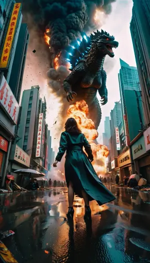 В далеком будущем Годзилла бродит по разрушенному киберпанку, вызывая разрушения и хаос. Камера низкая на земле, захватывая действие с линзы рыбьего глаза, когда она проходит по улицам Токио