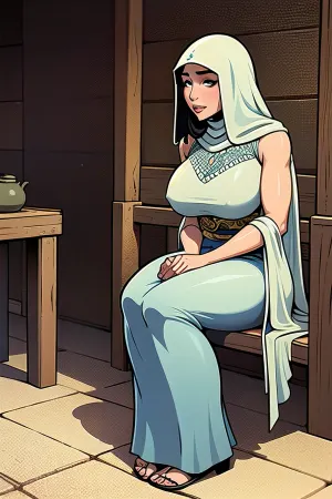 Ela é uma mulher muçulmana devota que leva sua fé a sério, e sua devoção à oração é evidente na forma como ela se senta no chão com suas pernas dobradas abaixo dela. Seu rosto é enquadrado por um hijab modesto, que acrescenta à aura