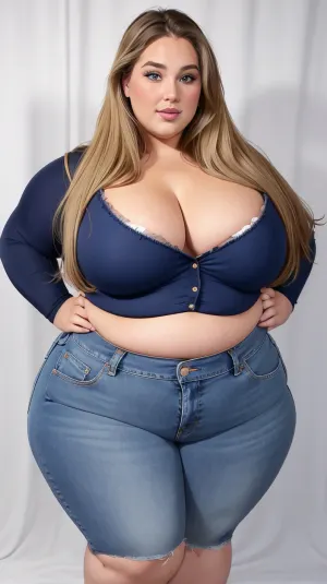 L'image de la meilleure qualité de l'IA présente un modèle portant un jean denim sans boutons avec un ventre humonge accroché au dessus de shorts. La fille est dans un appartement luxueux avec des yeux bleu cristal qui complètent parfaitement ses cheveux de couleur noire