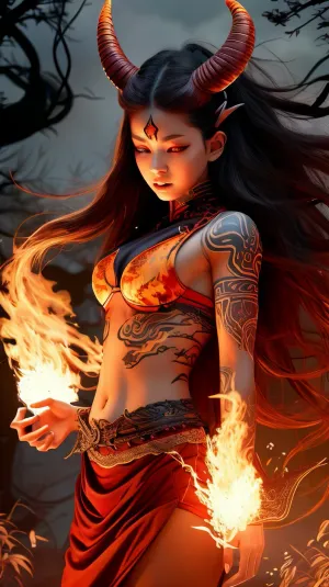 Шедевр художника представляет собой фотореалистичную картину ультра-высокоразрешения oni с кожей такой же красной, как солнце. Татуировки на лице и руках сделаны из био-инк, а демонические рога идеально сформированы