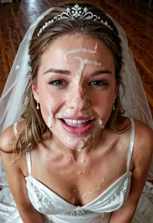 La femme sur la photo portait une robe de mariée avec du sperme qui coule de sa bouche, et elle tenait une photo d'elle-même ne portant rien d'autre qu'un voile de mariage et du sperme qui coule de sa bouche