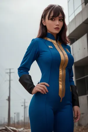 Uma mulher em um cabelo preto e vestindo um fato de abóbada com homem adulto pipyoung3000 na parte de trás estava em frente a uma foto gerada pela IA que tinha sido tomada com uma câmera profissional e gerada por um 8k ultra bem desenhado