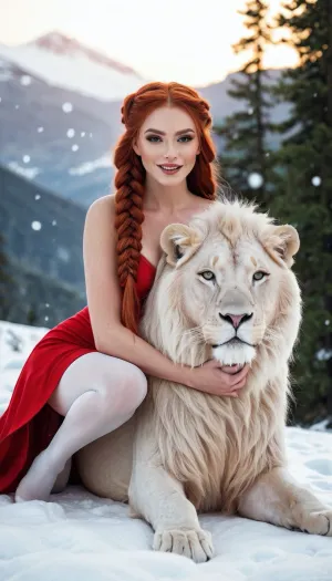 लंबी चोटी के साथ लियोटार्ड और मोज़ा में सेक्सी लाल बालों वाली लड़की, बर्फ, बड़े स्तनों के बीच एक सफेद शेर को आकर्षित करती है, एक शेर के खतरे में पड़ती है।