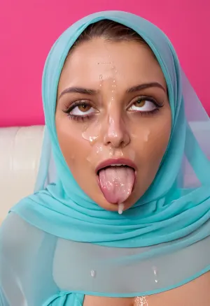 50 years old mature Arabic woman, (50 years old:1.2), Arab woman in a burqa, (Abaya), (burqa), dark clothes, Arab woman in a hijab, (hijab:1.2), woman sticks out her tongue, (strabismus:1.4), eyes look at each other, (ahegao face), dark skin, chubby, (a lot of cum on face:1.4), (highly detailed face:1.2), <lora:Facials:.5>, <lora:JustCum:.5>, <lora:burqa:.5>, <lora:ahegao_sdxl_v4:1>