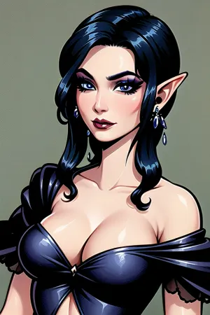 A mulher no jardim rosa estava usando uma roupa gótica preta com batom vermelho escuro e pele pálida perfeita. Ela tinha um corte de cabelo pixie e pele pálida perfeita, com olhos azuis escuros que brilhavam enquanto olhava para a imagem sobre