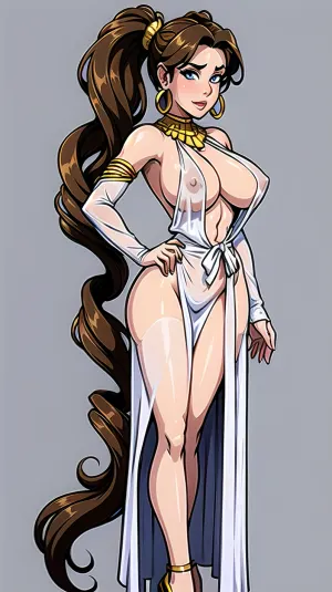 女人穿着长高的马尾发型,大胸,全裸,戴着扭曲的丝袜和金项链,白色透视透明长袍,耳环全身,超现实的超现实的超现实的高跟鞋