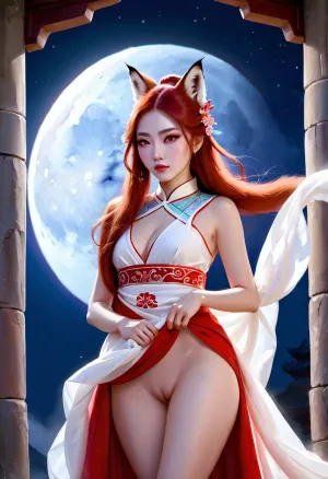 La giovane volpe di 18 anni si trovava alta di fronte all'antico castello cinese, i suoi lunghi capelli rossi voluminosi e rettilinei che scorrevano lungo la schiena. La sua pelle era liscia e giovanile, con una vista corporea completa che mostrava le sue curve