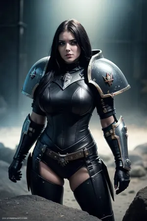 woman, women the picture is in the world of warhamwer 40000 gothic style, I am wearing warhamwer 40000 space marine armor, the armor is wearing the colors of the Black Templar warhamwer 40000 space marine armor.