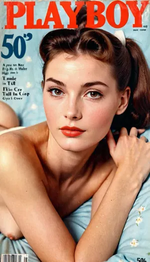 高品質の、淡い肌、可愛らしい背の高い顔、魅惑的な外観、遊び場カバーのベッドに寝るフル裸婦のヴィンテージイメージ