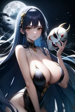 一个美丽的女人站在一张大照片前,她的完美的乳房和乳沟被展示出来. 她手里拿着化妆面具 她长长的流着的头发在背上 她的脸被手边的面具盖住了