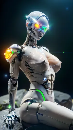 Uma descrição detalhada de uma mulher cyborg com uma pele lisa e músculos, mas nenhum esqueleto visível ou ossos. Ela tem uma aparência ultra-realista, com detalhes de alta qualidade, como sua textura de pele, estrutura muscular e características faciais. O