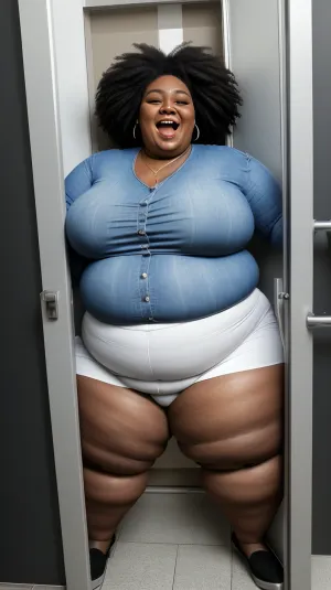 Once upon a time, there was a huge black woman who weighed 500 kilos. She laughed to have become a huge pile of fat and couldn't fit through the public toilets door