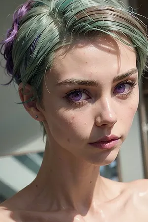 (ice green hair:1.8), ((pixie hair cut, having a large forehead)), (purple eyes:1.8), (mascaraTears:1.5), (naked:1.8), girl, white skin, thin lips, portrait, ((18 years old)), ((slim figure)), disgusted, ((skin with high detail)), high quality, detailed skin texture, (light highlighted brown cream hair:1.3), high detail, ((slender body)), (realistic), soft focus, soft light, insanely detailed, top quality, , <lora:ddmt_v3:.3>, <lora:weight_slider_v2:-1>, <lora:age_slider-LECO-v1:-1>
