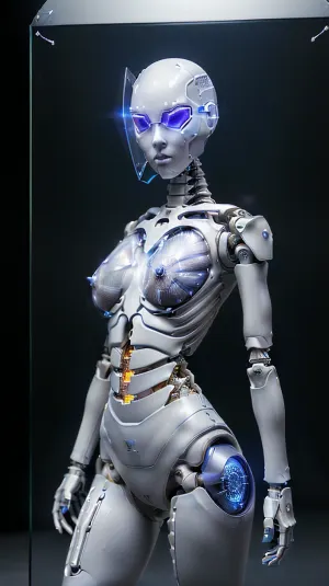 La mujer cyborg es un diseño futurista con una piel suave de silicona y sin características visibles. Tiene dos largas hebras de pelo que se cuelgan a ambos lados de su cara, y su cuerpo está cubierto de silicona lisa. Sus ojos brillan pantallas