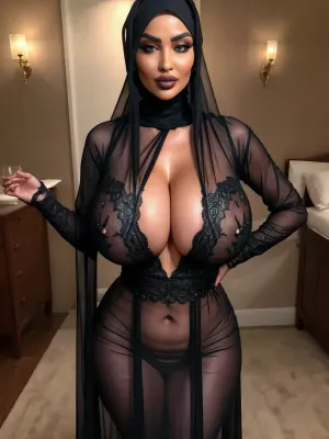 The woman in the photo was wearing a sheer gown that revealed her voluptuous figure, with high-quality tattoos on her arms and a full face. Her skin was ultra-detailed, with well-defined large lips and a full face