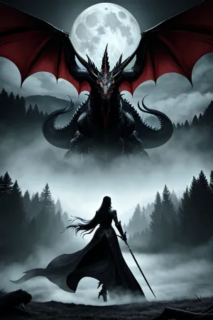 Женщина с мечом прошла через темную древесину, ее глаза фиксируются на горизонте. Она могла видеть массивного дракона на расстоянии, его весы сгибаются в лунном свете. Когда она подошла, она увидела, что это не просто что-либо