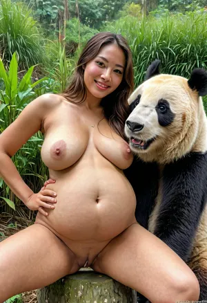 एक युवा लड़की एक पांडा सूट में एक असली भालू के साथ poses, उसे सुडौल शरीर और नरम त्वचा दिखाने