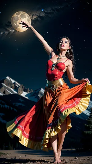 El baile gitano mesmerizante cautiva al público con sus movimientos mesmerizantes y el cabello fluido, desafiando la gravedad con cada paso. Sus pies se mueven como un símbolo viviente de elegancia y pasión, bajo la luz de la luna