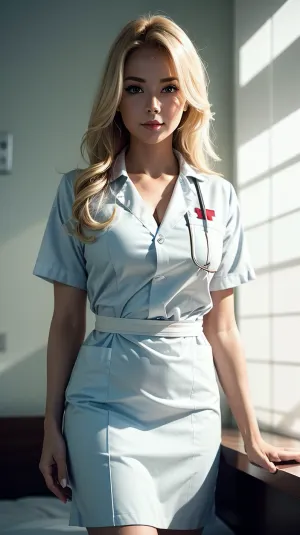 O uniforme da enfermeira era um vestido branco com um boné de enfermeira, e ela trabalhava no hospital. Sua imagem foi capturada por uma câmera 8K, mostrando-a por trás com um backlight UHD. A visão completa mostrou-lhe
