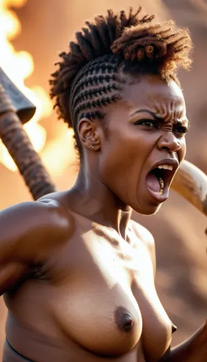 woman, African warrior, torso close up, topless, side view, strong body, angry, screaming, holding a bone axe