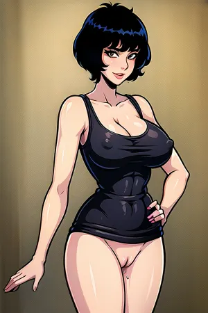 The AI generated a high-quality photo of a sexy girl with short hair, wearing a black t-shirt and posing for the camera. The photo was high resolution and detailed, showing her visible vagina and thick ass