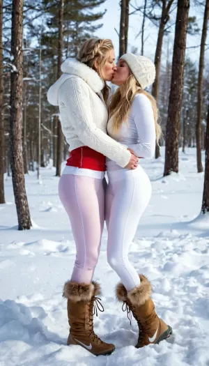 2 woman, kiss, (blonde), Swedish young woman, perfect winter snow photo, ((perfect snow)), long messy hair, perfect face and body, broad hips, abs, seductive smile, detailed nipples, long fingernails, gaping pink pussy, (Cold shower), Shrinking, nude in the snow forest, fear, wetness, (clingy Nike white leggings), Nike padding, long boots, fur hat, necklace, earmuffs, snow fighting, kissing, deep photos, depth of field, ferrania p30 film, shadows, (dark), night, dark photos, harsh and dim lighting, grainy camera flash, rain, full details