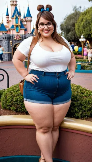 ディズニーランドで写真のためにポーズするチュビー30歳の女性、メガネ、バング、チュビーラウンドフェイス、厚手のウエスト、ぽってり腹、1眉毛を上げて提案