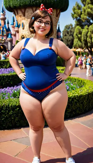 Una gordita alemana británica de 30 años de edad posando para una foto en Disneyland, vista de cara completa, sonrisa parcial, cara redonda con caderas anchas y cintura gruesa. Lleva gafas y tiene pelo castaño. Su vientre es