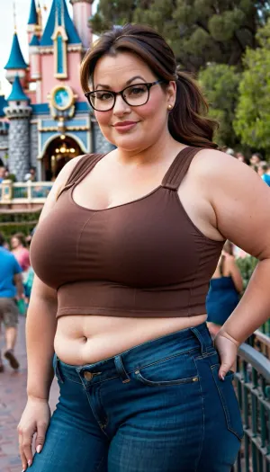ディズニーランドで写真を撮るチュビープラムセクシーな40歳の女性は、メガネ、ポニーテールの茶色の髪、上げられた1つの眉毛、メガネ、ポニーテールと太い太もで茶色の髪を着ています