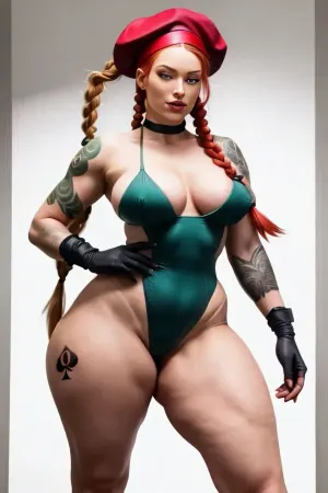 그녀의 손에 문신과 손가락에 소녀, cammy 흰색 셔츠와 모자를 착용, 두꺼운 허벅다리, bulging breasts, erection under clothes, 거대 ahoge, thong leotard 와 그녀의 손