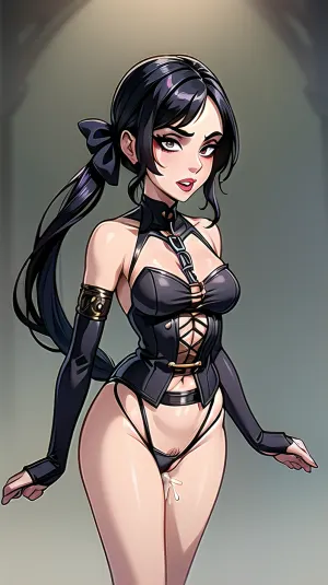 一个高质量的AI用专业摄影师的风格制作了色情图片,主角是一位性感的哥特女孩,穿着黑色的裙子和吊杆,站在哥特风格的背景前. 她长长的尾巴,拿着铁