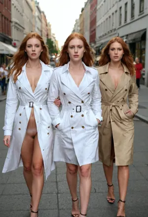 Ein Foto von drei hellen weißen Frauen, die Grabenmäntel tragen und ihre nackten Brüste, mit Tan-Linien und Ingwer-Haar enthüllen, in suggestiver Weise nebeneinander laufen